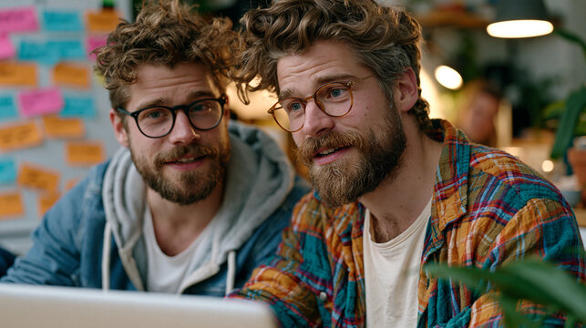 Two engineers hunched over a laptop in a cluttered apartment kitchen, sticky-note testing scenarios covering the fridge door, running their first minimum viable product user test with a neighbor sea