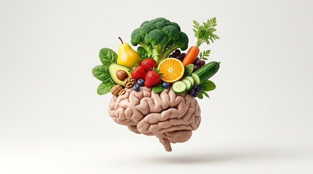 Human brain with fresh fruits and vegetables. Healthy food for mental health concept.