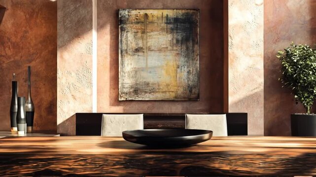 Artistic dining space with large wood slab table