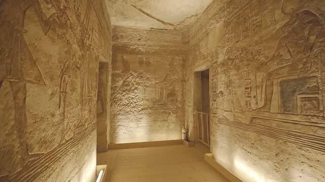 4k footage of Interior view of the famous abu simble temple that is decorated with gods figures and hieroglyphs in aswan in Egypt. 