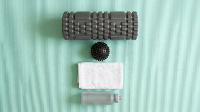 Foam roller, massage ball, towel, and water bottle on exercise mat