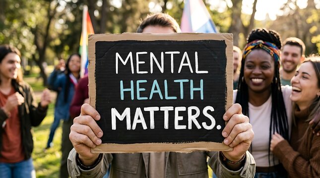 Hands holding Mental Health Matters sign. Diverse group supporting psychological wellness.