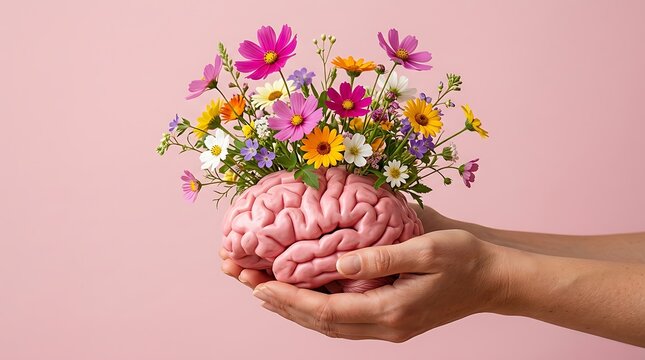 Hands holding brain with flowers. Mental health concept for wellness and psychology.