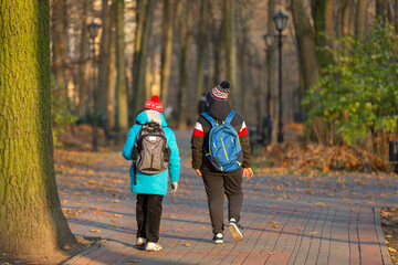 Obraz premium Children walk on a path in a park surrounded by trees during the afternoon in autumn weather