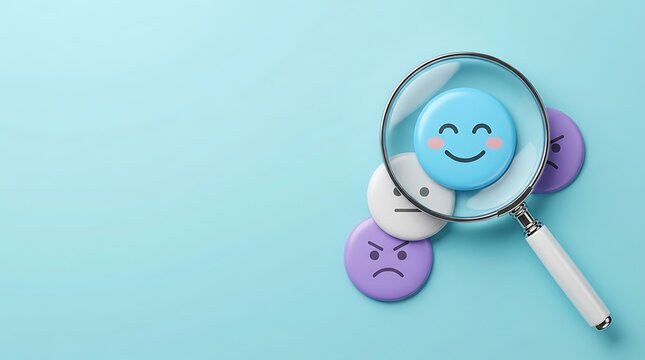 Magnifying glass on happy emoji badge. Mental health check concept with emotional icons.