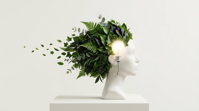 Mannequin head with green leaves and lightbulb. Mental health and eco friendly concept.