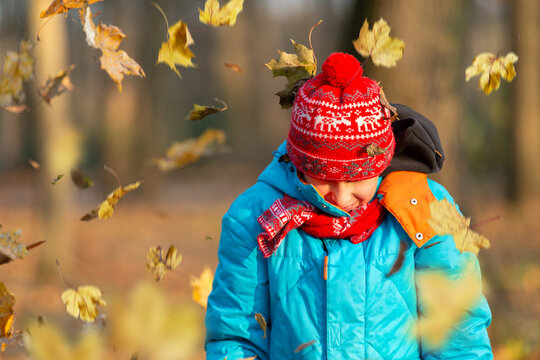 Yellow leaves are falling on a boy in a warm hat, indicating that autumn and cold windy weather have arrived.