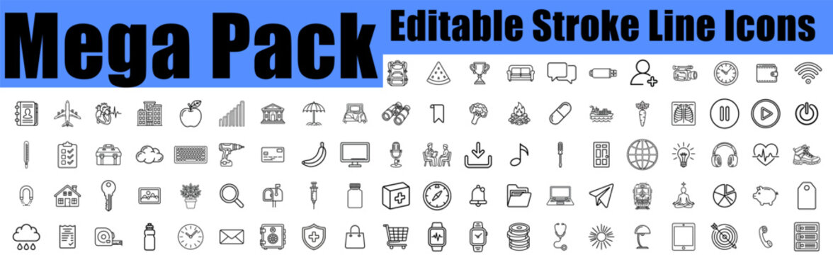 Mega Pack of Editable Stroke Line Icons, Universal Minimalist Vector Icon Set for Web and App UI, Modern Thin Outline Graphic Symbols