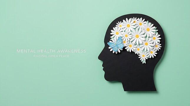 Mental health awareness concept with paper cut brain and flowers. Creative therapy illustration for World Mental Health Day campaigns.