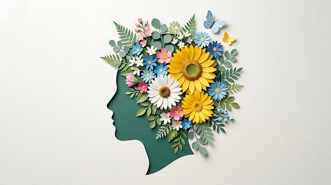 Papercraft human head with flowers. Mental health concept with floral brain art.