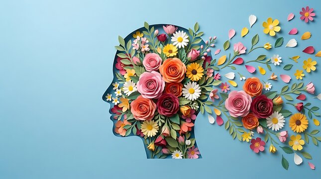 Papercraft human head with flowers for Mental Health Day. Floral brain art concept.