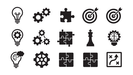 Business Strategy and Innovation Icons. Lightbulb, Gears, Puzzle, Target, Chess King Symbols. © MdDulal