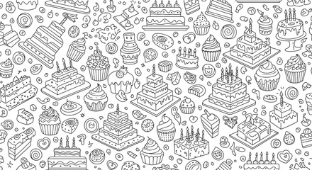 Fototapeta premium Complex seamless coloring pattern background featuring hand drawn black and white doodles of diverse cakes and cupcakes.