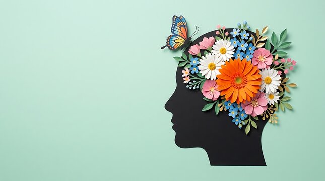 Mental health awareness concept with paper flower head. Creative mindfulness and emotional wellness illustration for World Mental Health Day campai...