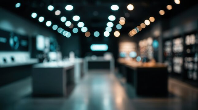 Abstract blurred background of a modern electronics retail store with bokeh lights.
