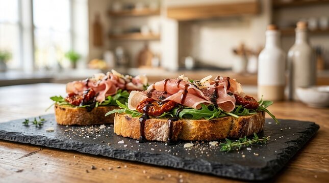 Gourmet bruschetta topped with prosciutto, fresh arugula, and sun-dried tomatoes with balsamic glaze.