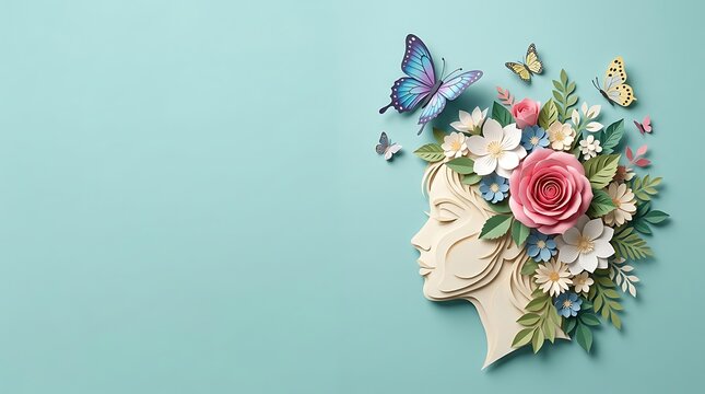 Papercraft woman head with flowers and butterflies. Mental health awareness concept art.