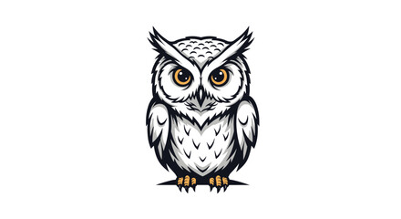 Fototapeta premium Head and body of a wise looking white owl with orange eyes presented in a clean graphic vector mascot logo design.