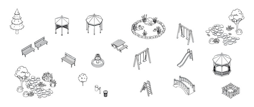 Collection of isometric hand drawn line art elements representing park and playground objects for landscape design
