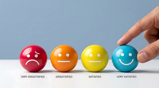 Hand selecting happy feedback sphere. Customer experience rating with colorful emotion balls.