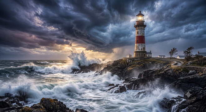 Dramatic lighthouse standing against powerful ocean waves beneath dark storm clouds creating a cinematic coastal landscape symbolizing strength, guidance and resilience