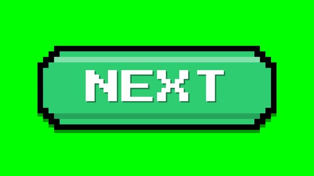 Pixelated Green NEXT Button Animation on Chroma Key Background.