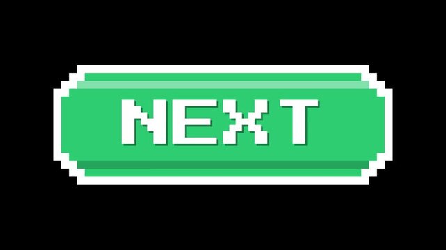 Pixelated green button with the word NEXT in white text.