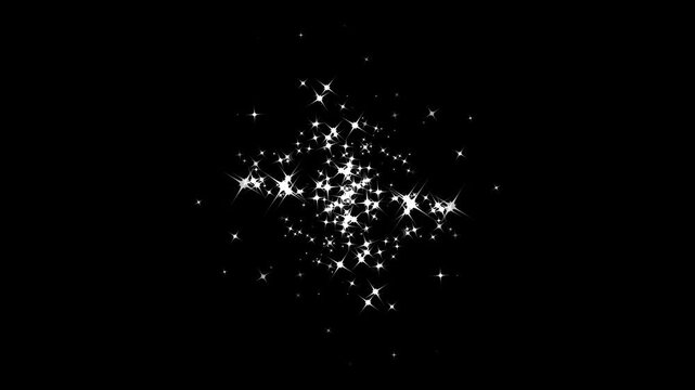 Shimmering white star particle trail and star sparkle vector doodles, luxury festive glitter overlay template, abstract glowing magic light line burst graphic element loop on black screen. 4k video