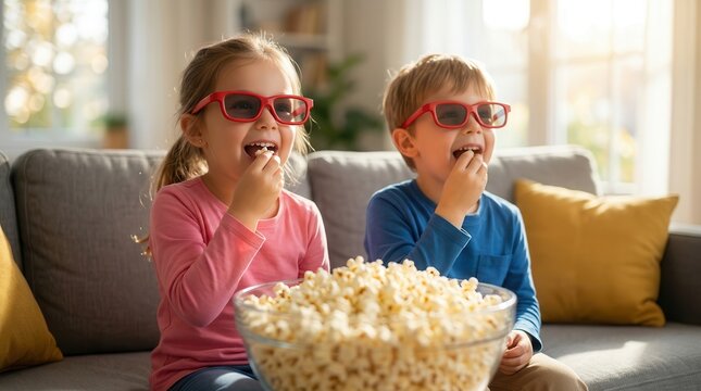 Excited kids wearing 3D glasses and eating popcorn while watching a movie.