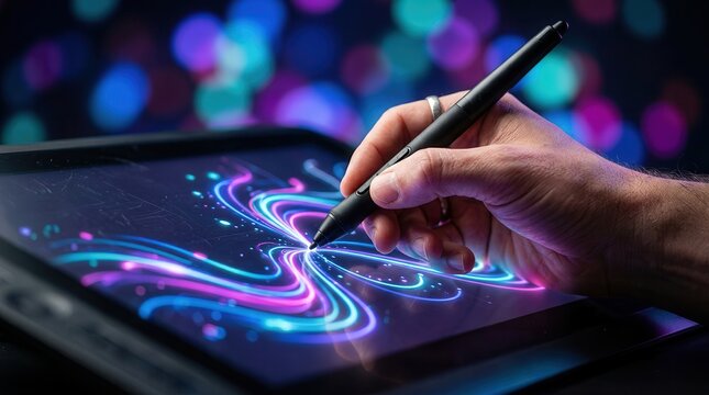 Artist hand using a stylus to draw colorful digital art with abstract light designs.
