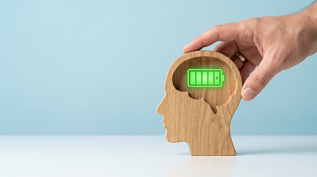 Wooden head with battery icon for mental health. Concept of recharging human energy levels.