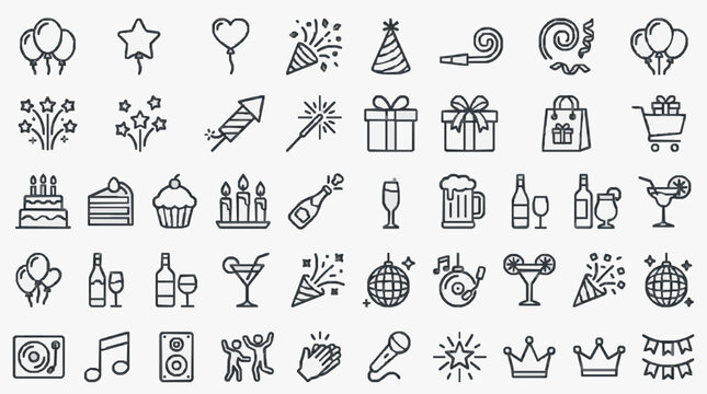 Clean Black and White Line Icons Set of Party Celebration and Festive Elements for Design Projects