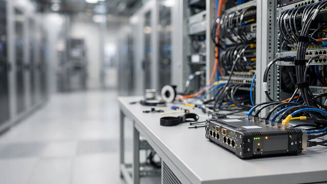 Server room with network equipment and cables, data center technology, digital infrastructure, and computer hardware for IT support and maintenance