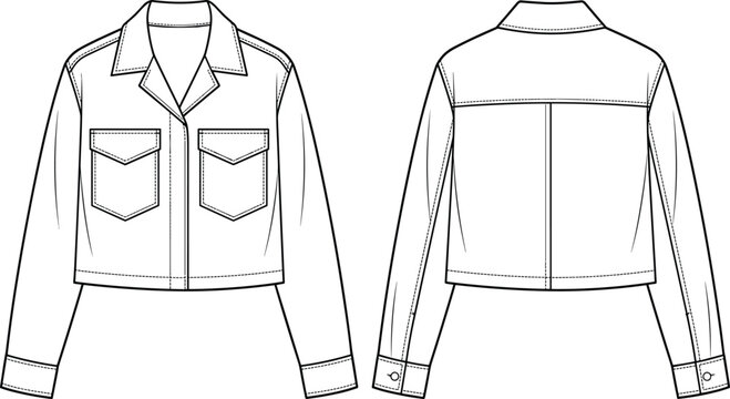 Cropped shirt jacket flat sketch technical drawing vector illustration with front flap pockets and collar