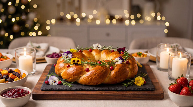 A festive braided wreath bread decorated with rosemary, cranberries, and edible flowers served as a beautiful centerpiece on a decorated Christmas dining table.