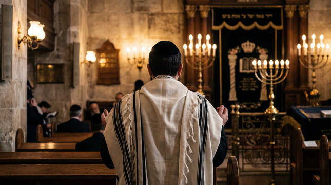 A Jewish man wearing a tallit and kippah praying in a synagogue in front of the Holy Ark, with other worshippers blurred in the background.