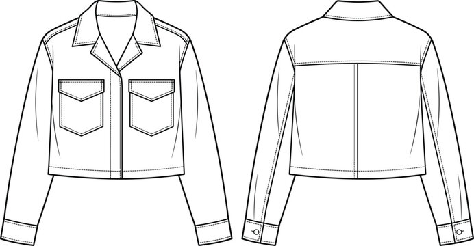 Cropped utility jacket flat sketch technical drawing vector illustration with front flap pockets and collar