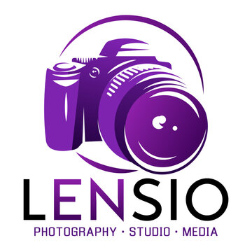 Professional Digital Photography Studio Branding Logo Featuring A Stylized Purple Camera And Lens Graphic With Text LENSIO Photography Studio Media.
