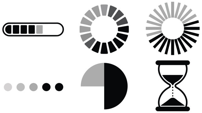 Loading indicator and progress bar icons featuring spinner, buffer, download, upload, wait status, and hourglass symbols for user interface design.

Title 2