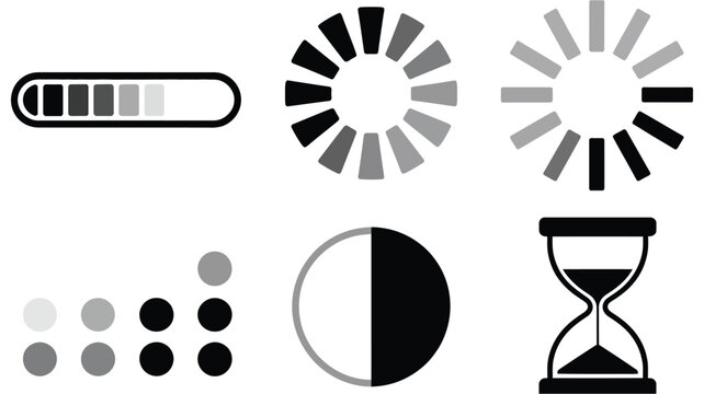Loading indicator and progress bar icons featuring spinner, buffer, download, upload, wait status, and hourglass symbols for user interface design.

Title 2