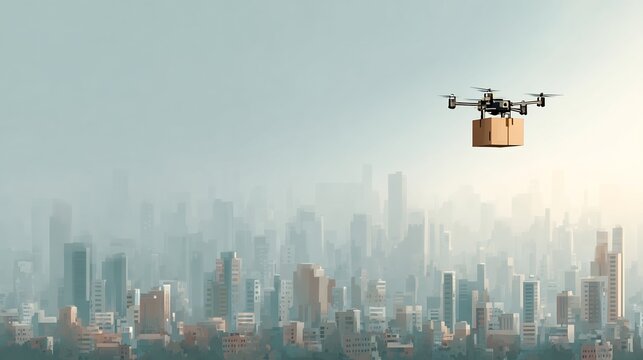 Drone carrying a package flying above a city skyline