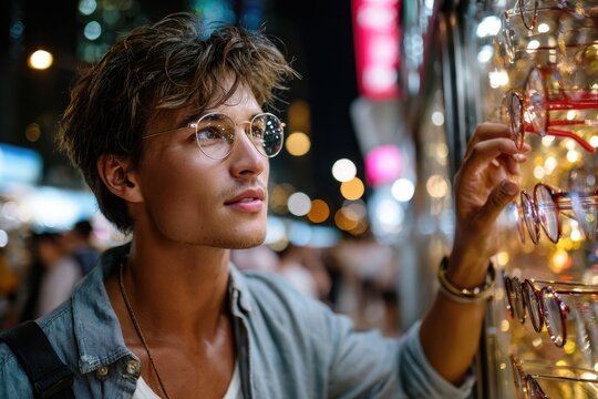 Young man browsing eyeglasses at a night market stall