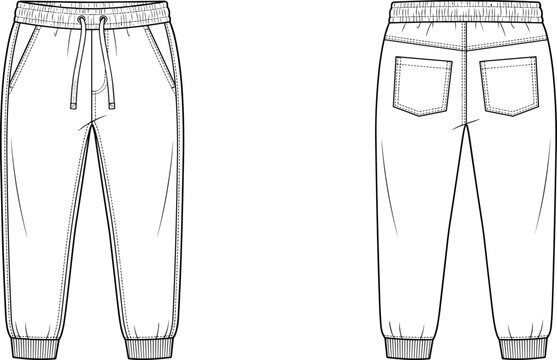 Drawstring joggers flat sketch technical drawing vector illustration with elastic cuffs and pockets