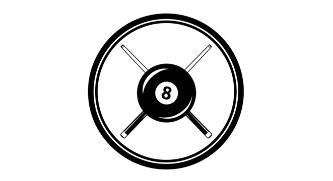 A black and white icon of a billiard ball with cues