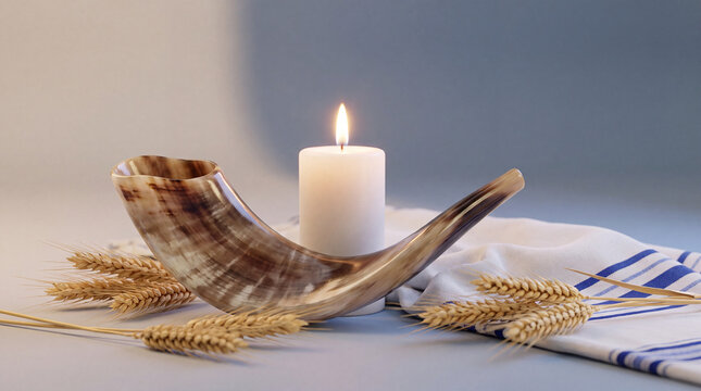 A traditional shofar horn, a lit white candle, and a striped tallit prayer shawl with wheat stalks, symbolizing Jewish holidays like Rosh Hashanah and Yom Kippur.