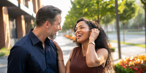 Naklejka premium Couple smiling while talking together in in the city 