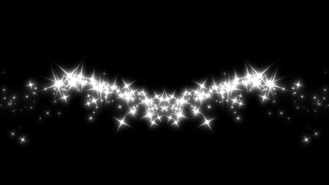 Luxury white glitter star particles animation fairy dust wand motion, sparkling line explosion effect, abstract festive magic bright light elements loop motion graphics template on black screen. 4k