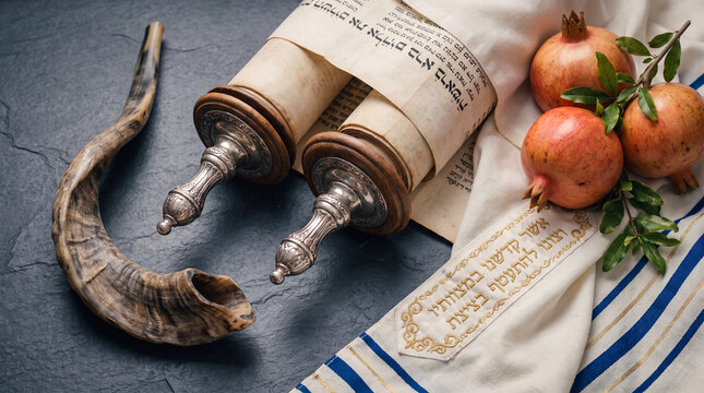 Traditional Jewish symbols for Rosh Hashanah, including a Torah scroll, a ram's horn shofar, fresh pomegranates, and a tallit on a textured dark background.