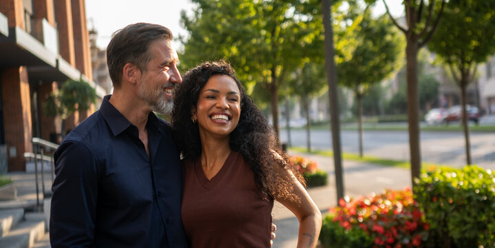 Smiling multicultural couple standing together outdoors at sunset in city