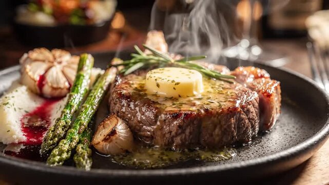 Juicy Gourmet Grilled Beef Steak with Melting Herb Butter, Asparagus, and Roasted Garlic on a Plate